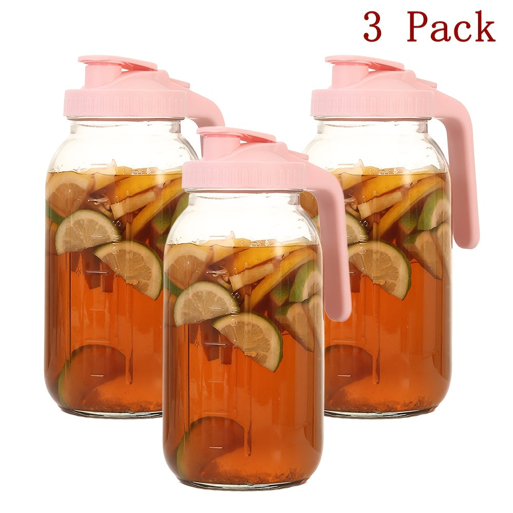 64oz Mason Jar with Handle and Lid 2/3 Pack ¨C BPA-Free Borosilicate Glass Beverage Carafe, Leak-Proof Drinking Jar for Juice, Water, Iced Tea