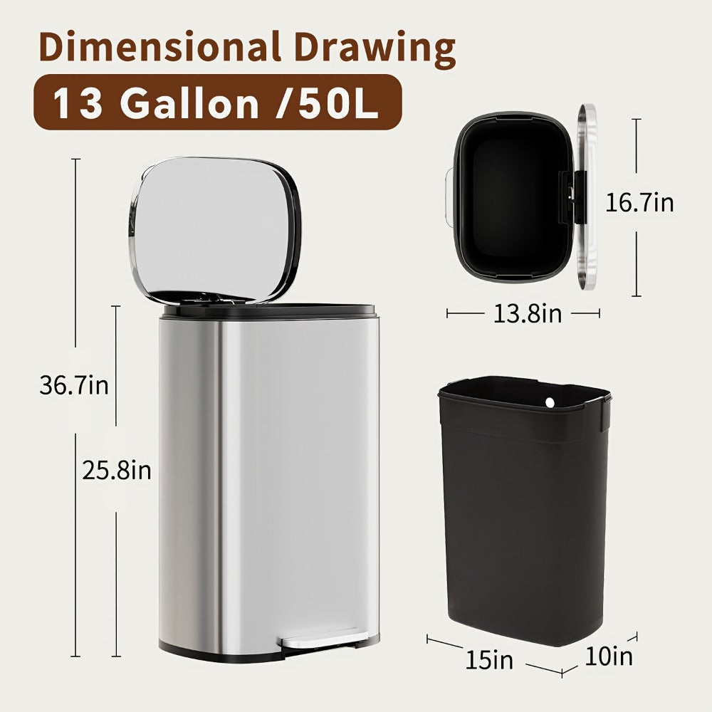 Stainless Steel Trash Can with Pedal & Removable Inner Bucket Fingerprint-Proof Kitchen Garbage Can with Hinged Lid ¨C 5L / 30L / 50L / 13 Gallon for Kitchen, Home & Office