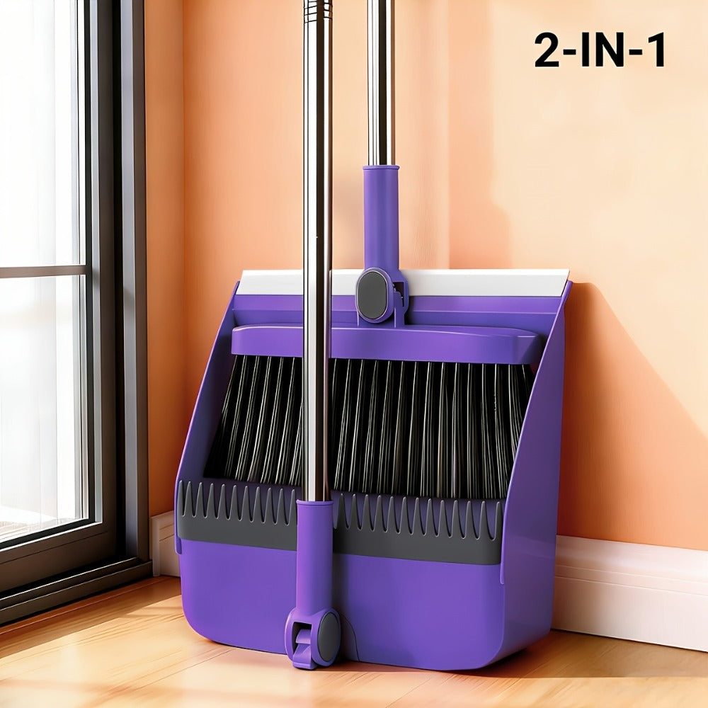 Broom and Dustpan Set with Long Handle - 2-in-1 Upright Sweeping Broom with Comb Teeth, Pet Hair Removal Floor Cleaning Tool for Home Office School Dorm Outdoor - Blue Orange White Purple Green