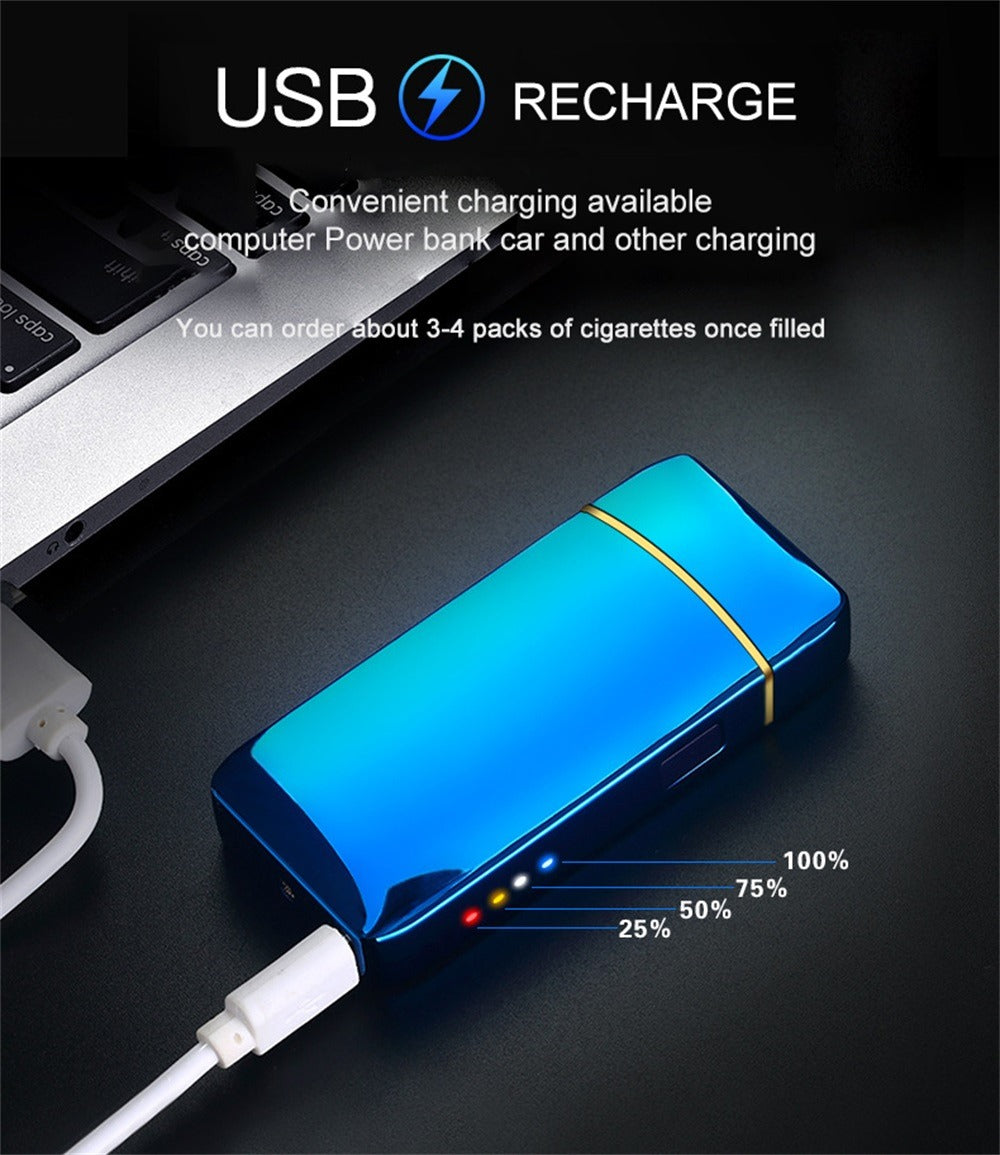 Electric Plasma Lighter USB Rechargeable ¨C Windproof Dual Arc, LED Power Display, Touch Induction | Compact Metal Design for Outdoor Camping, Hiking & Survival | 2 Colors & 6 Styles