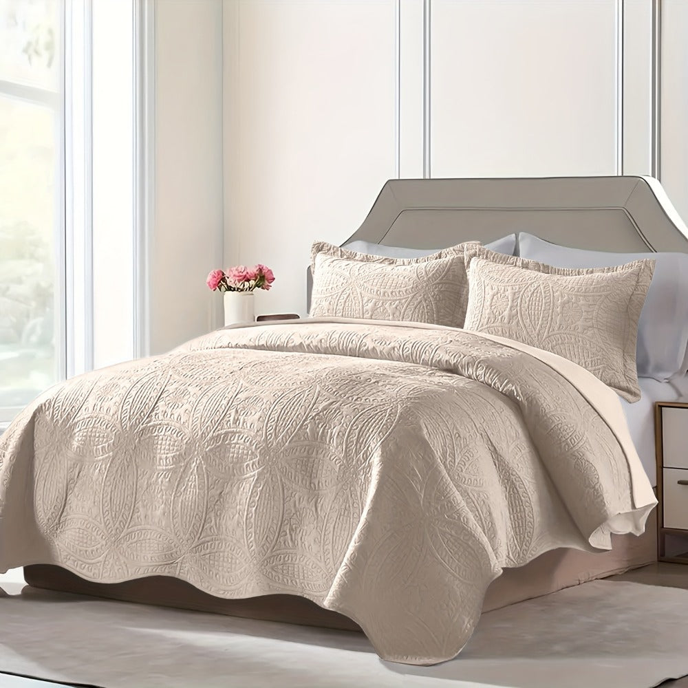 Quilt Set 3 Piece Lightweight Microfiber Bedspread with Pillow Shams - Coin Pattern Coverlet All Season Soft Bed Quilt Full Queen King Orange White Grey Green Khaki