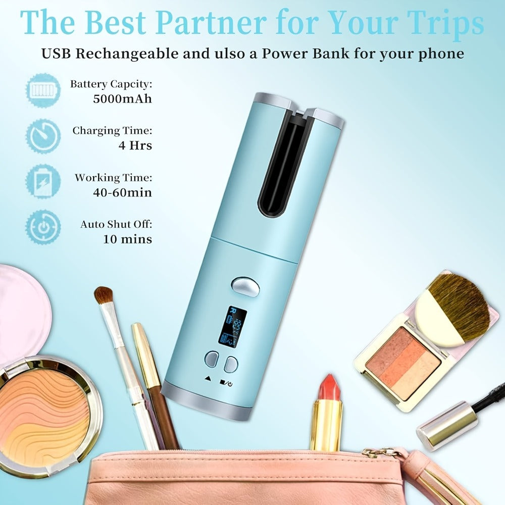 Cordless Curling Iron 1 Inch USB Rechargeable, Automatic Rotating Ceramic Curling Wand with 6 Heat Settings LCD Display, Scald-Free Detangle Hair Curler for All Hair Types Wet Dry Styling