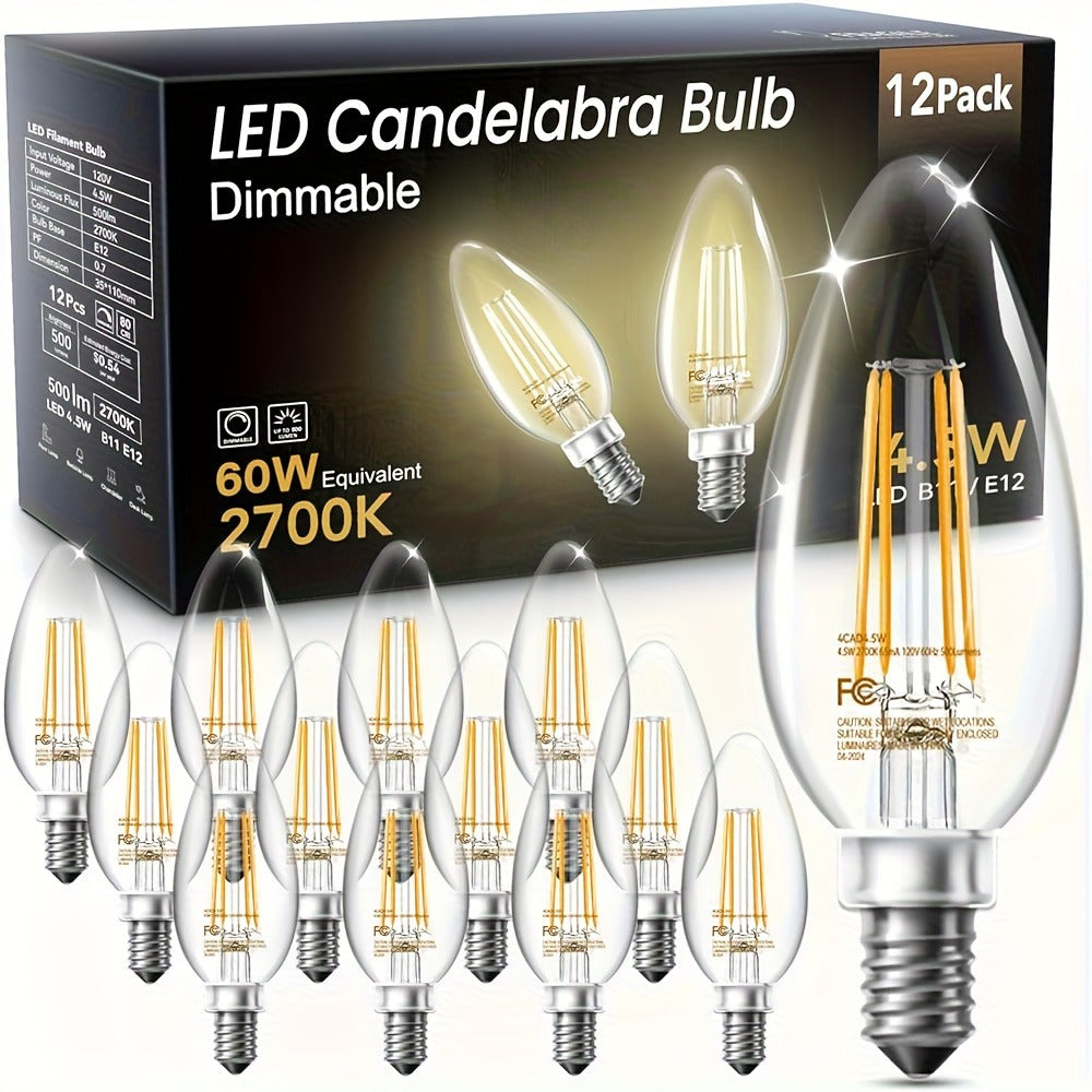 LED Candle Light Bulbs E12 Base B11 Dimmable 2700K Warm White 500 Lumens Clear Glass Vintage Filament Bulb for Chandelier Ceiling Fan Dining Room Living Room Bedroom Kitchen 12 Pack 24 Pack