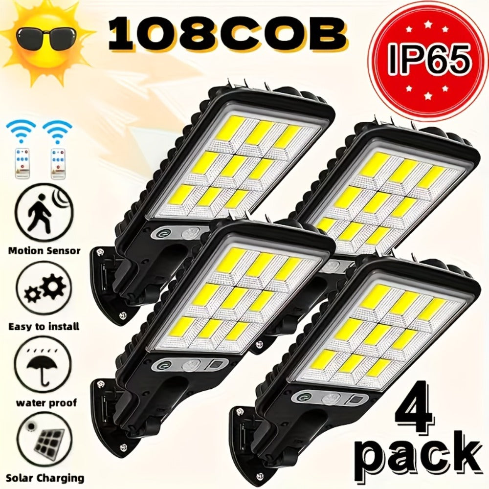 Solar Motion Sensor Security Wall Light 108COB LED ¨C Outdoor Solar Powered Street Light with Remote Control & 3 Modes | Waterproof Garden Spotlight for Patio, Porch, Door & Garage | 2/4/8pcs Pack