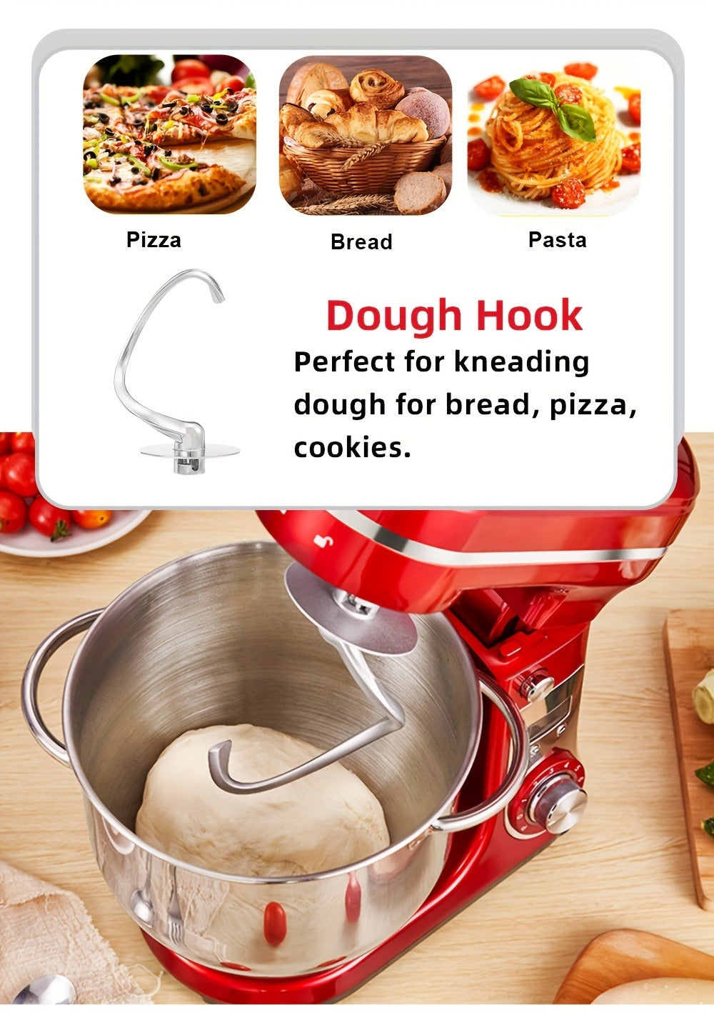 Stand Mixer 1200W 6L Stainless Steel Bowl - Kitchen Food Stand Mixer with Dough Hook, Whisk & Beater, 6-Speed Tilt-Head Electric Mixer for Baking, Kneading, Whipping, Red
