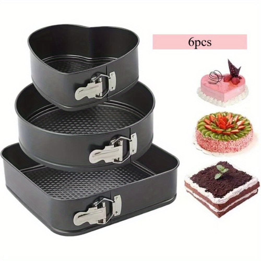 Cake Pan Set 6-Piece with Removable Bottom, Carbon Steel Nonstick Baking Molds in 3 Shapes Square Round Heart, Heavy Duty Springform Cake Pans for Chiffon Mousse Cheesecake Birthday Wedding