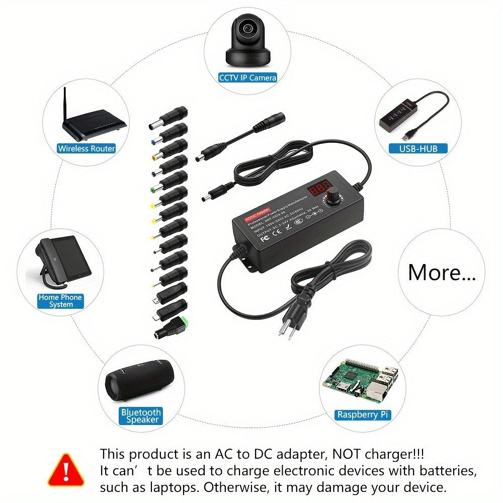 AC to DC Power Adapter 48W Adjustable 4-24V - LCD Voltage Display, Knob Control, 15 Interchangeable Tips & Polarity Converter, Overvoltage & Short Circuit Protection, 100-240V Universal Input