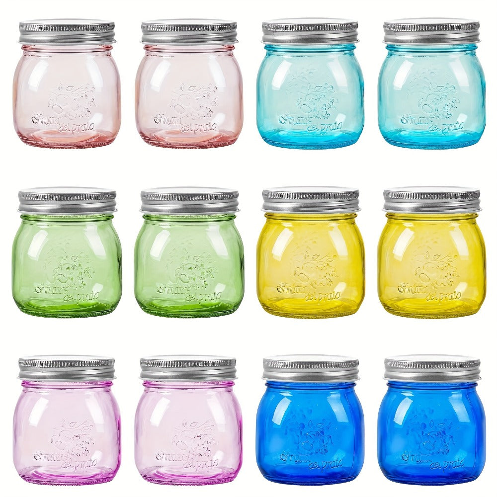 Mason Jars 8oz 12-Pack Colored Airtight Canning Jars with Metal Lids Regular Mouth for Jam Honey Pickling Spices Wedding Favors Pantry Storage