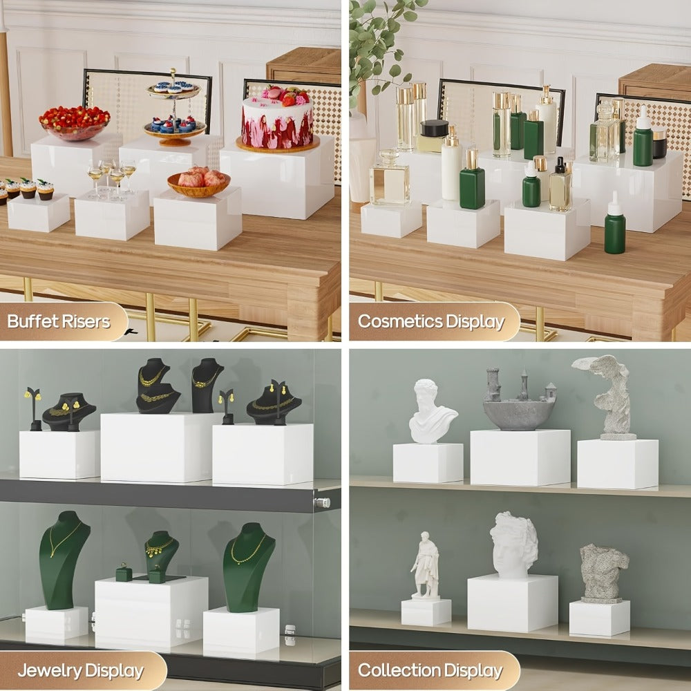 Acrylic Buffet Risers 6pcs Display Stand Set 8 Sizes 3¡±-10¡±, Cube Box Riser Shelf for Party Catering Dessert Table, Food Display Stand for Collectibles Cupcakes Jewelry, White or Clear
