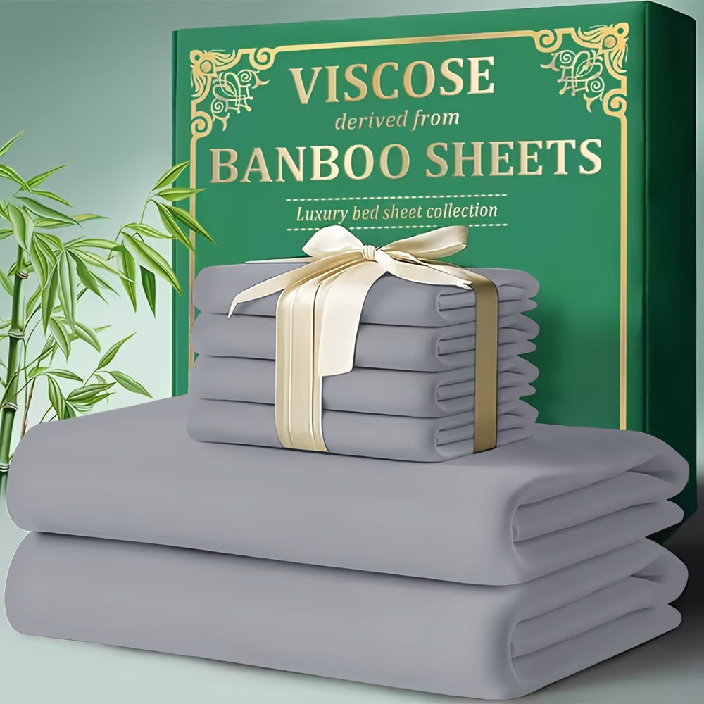 Bamboo Cooling Bed Sheet Set 4pcs - Ultra Soft Breathable Deep Pocket Fitted Sheets, 2200TC Cooling Fabric, Shrink & Wrinkle Resistant, All-Season Bedding