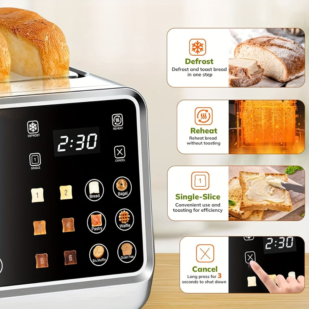 4-Slice Digital Smart Toaster with Touchscreen | Dual Control Panel, Single Slot Toasting, Timer, Reheat & Defrost Functions for Bagels, Bread & Waffles ¨C Stainless Steel Kitchen Essential
