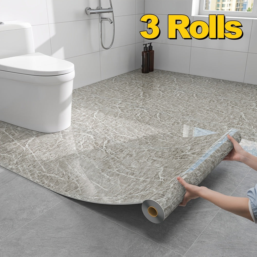 Self-Adhesive Marble Vinyl Floor Wallpaper 3 Rolls 23.62x197.75in - Waterproof Oil-Proof Anti-Slip Wear-Resistant Peel and Stick Floor Tiles for Kitchen Bathroom Living Room Home Renovation Straight Edge