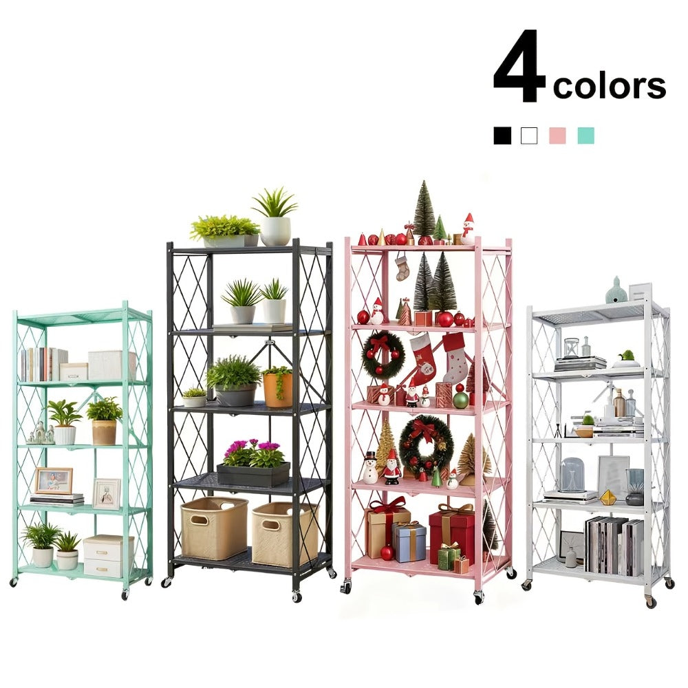 Foldable Storage Rack with Lockable Wheels 3 4 5 Tier Carbon Steel No Assembly Space Saving Floor Standing Shelf for Bedroom Balcony Garden