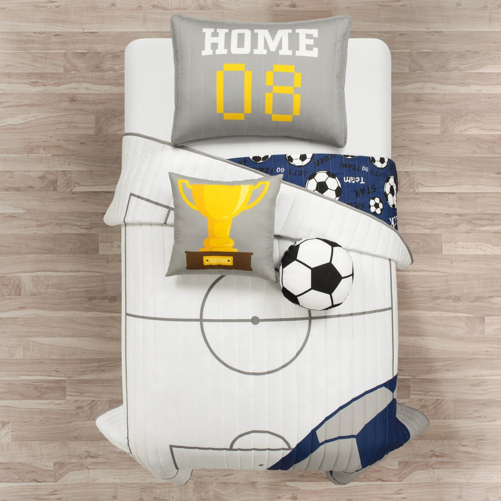 Kids Soccer Quilt Set 4 5 Piece Reversible Microfiber Bedspread Lightweight All Season Comforter with Pillow Shams Decorative Pillows Twin Full Queen
