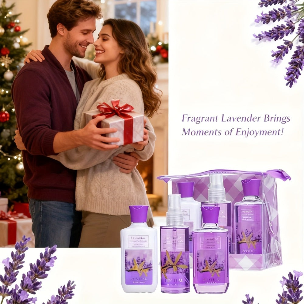 Luxury Bath Gift Set for Women 4pcs Lavender Vanilla Body Care Kit Shower Gel Body Lotion Body Cream Fragrance Mist for Mom Wife Girlfriend All Skin Types