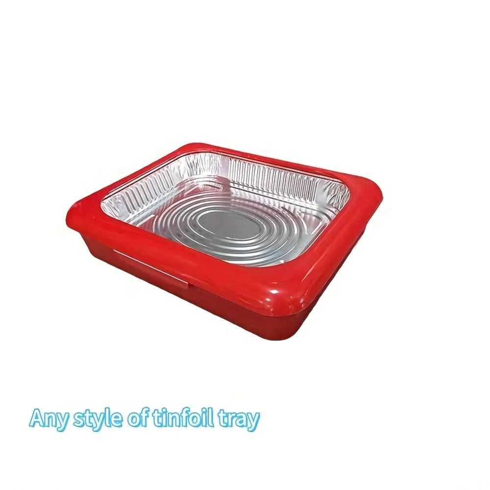 Aluminum Foil Tray with Lid - Insulated Stackable BBQ & Salad Serving Container for Outdoor Picnic, Party, Kitchen Use, Rectangular, Black & Red