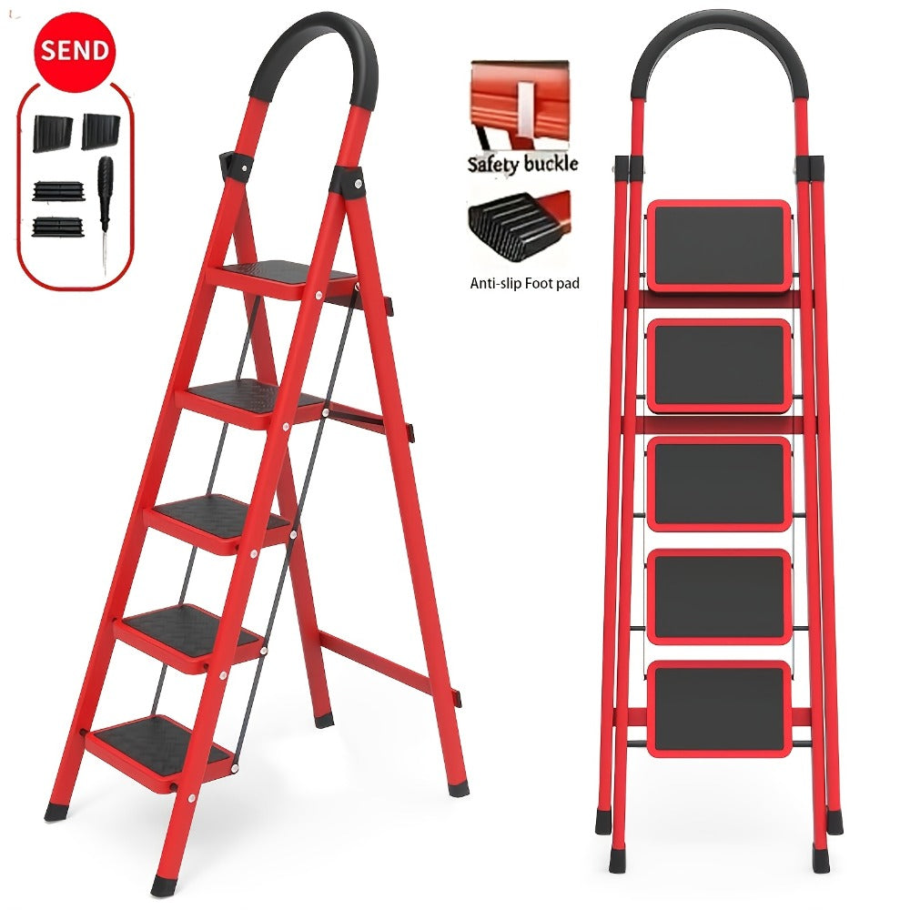 Folding Step Stool 5 Step 500 LBS Anti-Slip ¨C No Assembly, One-Hand Fold, Soft Grip Handle, Wide Pedals, Auto Safety Lock, Portable Lightweight Ladder for Home, Kitchen, Bedroom & Industrial Use