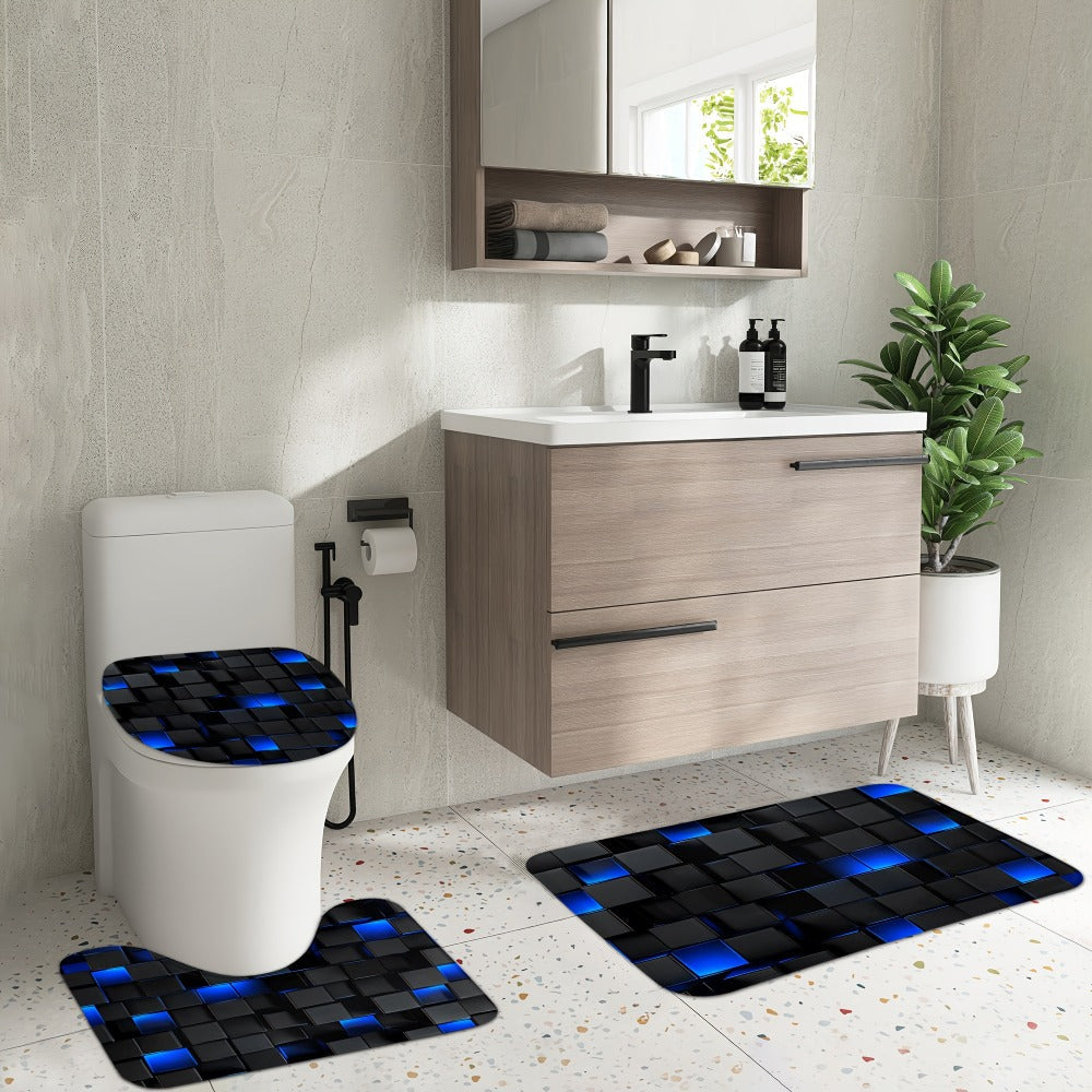 Shower Curtain Set with 12 Hooks & Toilet Seat Cover, 4-Piece Bathroom Set Dark Blue Geometric Abstract Cube Pattern, Modern Waterproof Bath Curtain Set for Bathroom Decor