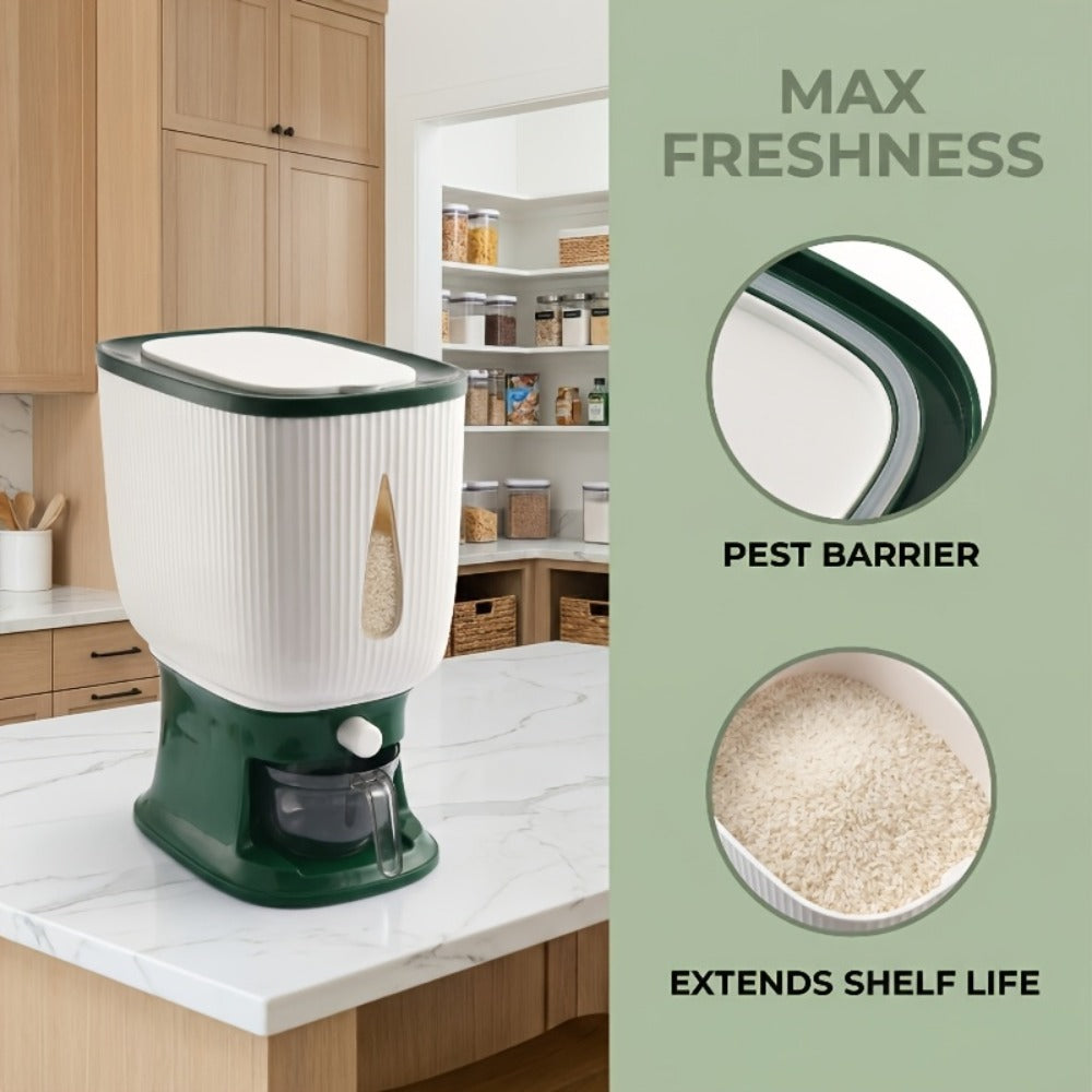 Rice Dispenser with Measuring Cup, 22LB Large Capacity 6-Chamber Sealed Grain Storage Container, Transparent Window, Moisture & Insect Resistant, One-Click Design for Rice Beans Flour Pet Food ¨C Kitchen Cabinet Organizer