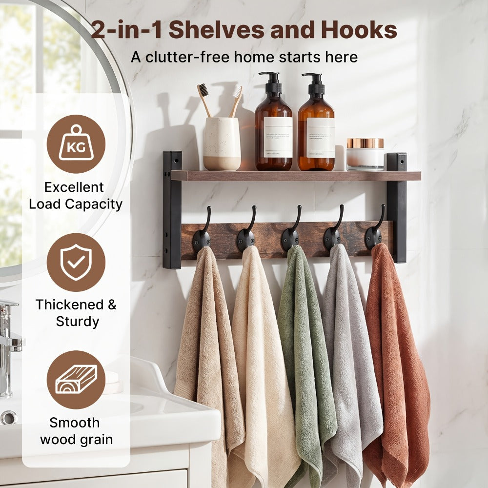 Wall Mounted Coat Hook Shelf with 5 Hooks - Wooden Floating Shelf & Key Rack Organizer for Entryway, Bedroom, Bathroom, Kitchen & Living Room - Rustic Vintage Style
