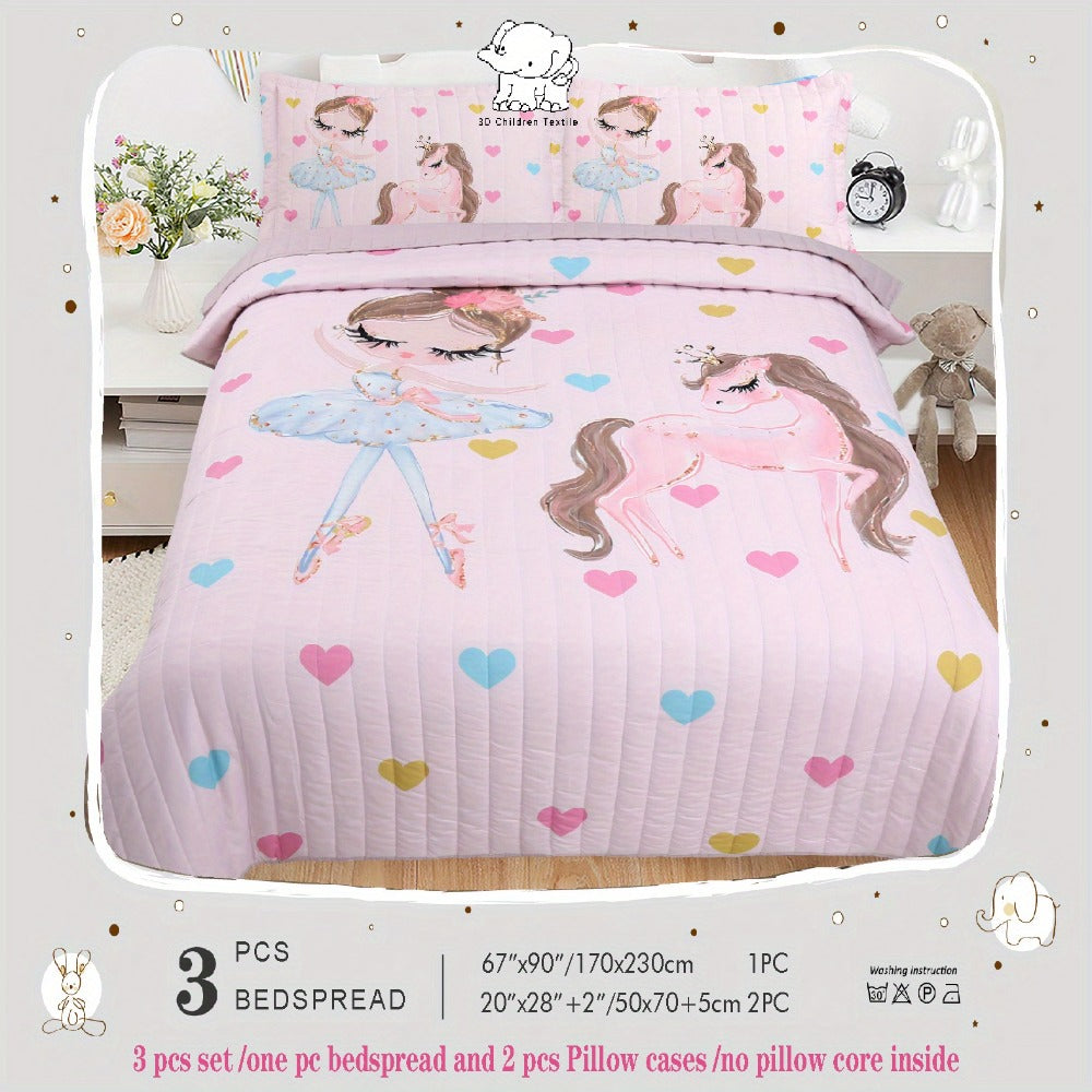 Kids Bedspread Set 3 Piece Pink Princess Pony Print Soft Comfortable Bedspread with 2 Pillowcases Girls Bedroom Decor Christmas Halloween Gift Core Not Included