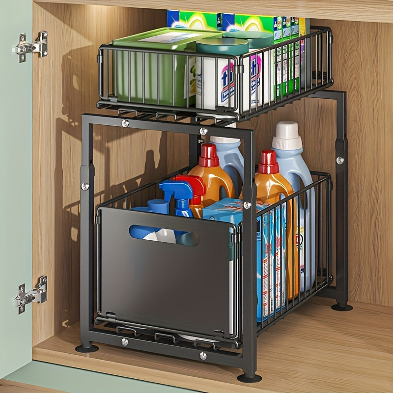 Under Sink Organizer 2-Tier Pull Out - Adjustable Height Carbon Steel Cabinet Storage Shelf for Kitchen and Bathroom, Space Saving Sliding Drawer Rack for Cleaning Supplies Pots and Toiletries, Heavy Duty Under Cabinet Organizer Available in 1 or 2 Pack