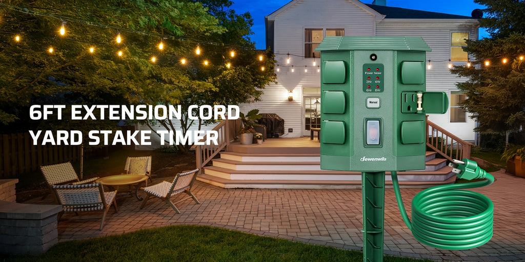 Outdoor Power Stake Timer 6 Outlet Weatherproof ¨C 100FT Wireless Remote Control, Dusk to Dawn Photocell Sensor, 7 Timer Modes, 6FT Cord, Overload Protection for Garden Yard Christmas Holiday Lights