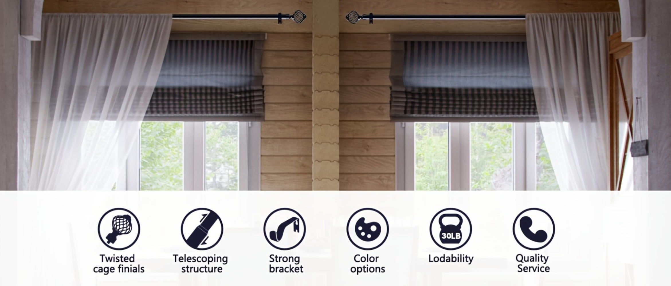 Black Adjustable Curtain Rod Heavy Duty Farmhouse Decorative Drapery Rod for Bedroom Living Room Kitchen Patio 4 Sizes Easy Install