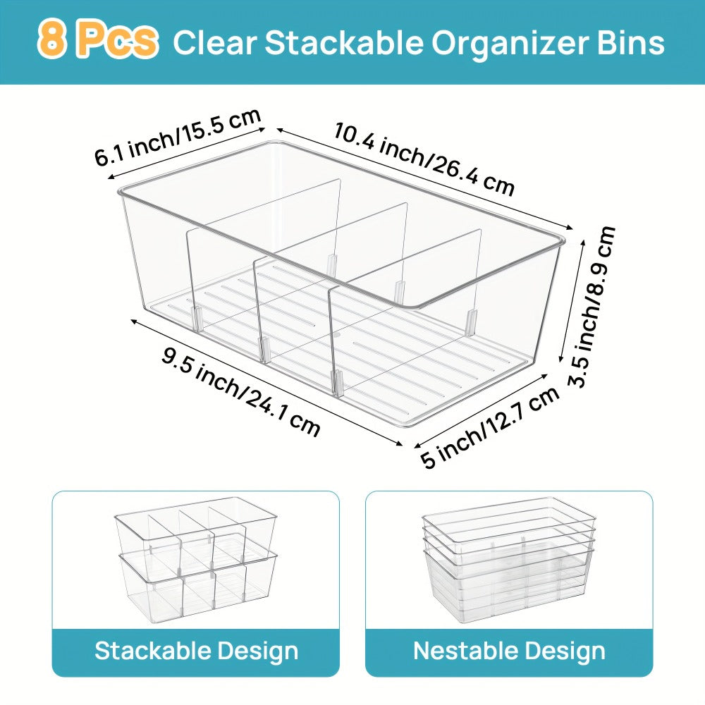 Clear Pantry Storage Bins Set of 8 with Dividers - Transparent Refrigerator Organizer Bins for Kitchen Cabinet, Pantry Organization, Snack Packet Spice Pouch Storage, 10.4¡± x 6.1¡± x 3.5¡±