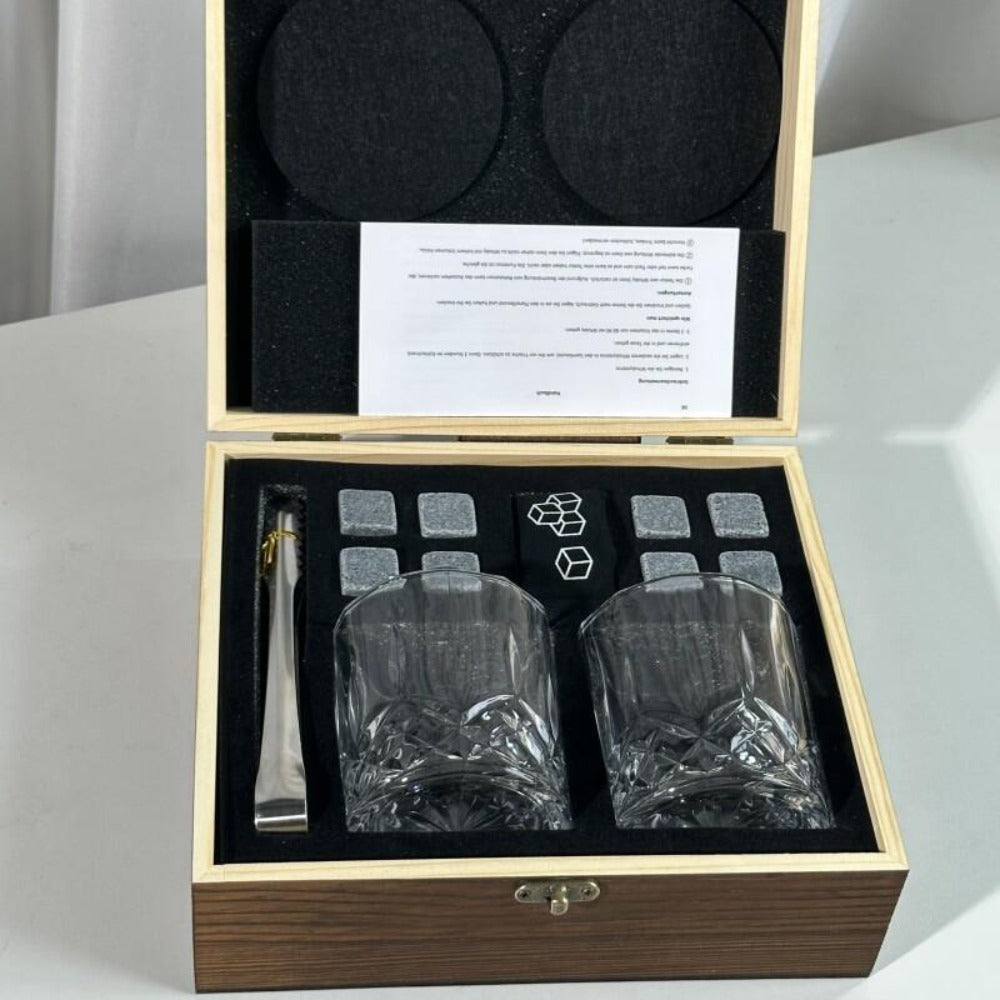 Whisky & Wine Glass Set with Cooling Stones, Ice Tong & Bartender Kit ¨C Portable Bar Accessories for Luxurious Drinking Experience, No Electricity Needed