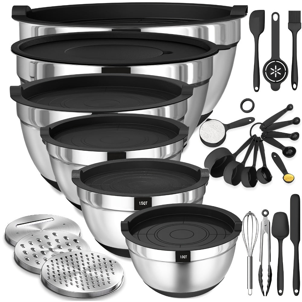 Mixing Bowls Set with Airtight Lids ¨C 26pcs Stainless Steel Bowl Set with 3 Grater Attachments, Non-Slip Bottoms, Sizes 1¨C7QT ¨C Kitchen Bowls for Mixing, Serving, Baking & Meal Prep