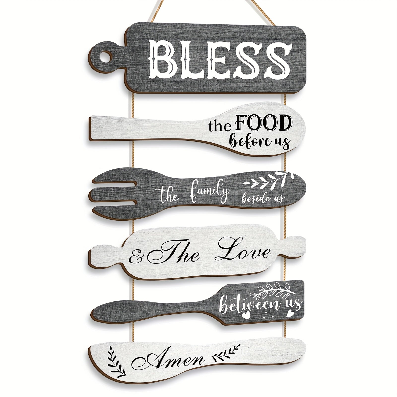 Farmhouse Wall Decor Wood Sign Set - ¡±Bless The Food Before Us¡± Rustic Kitchen Dining Room Hanging Plaque, 6-Piece Rope Wood Board Art, Housewarming Thanksgiving Gift for Home