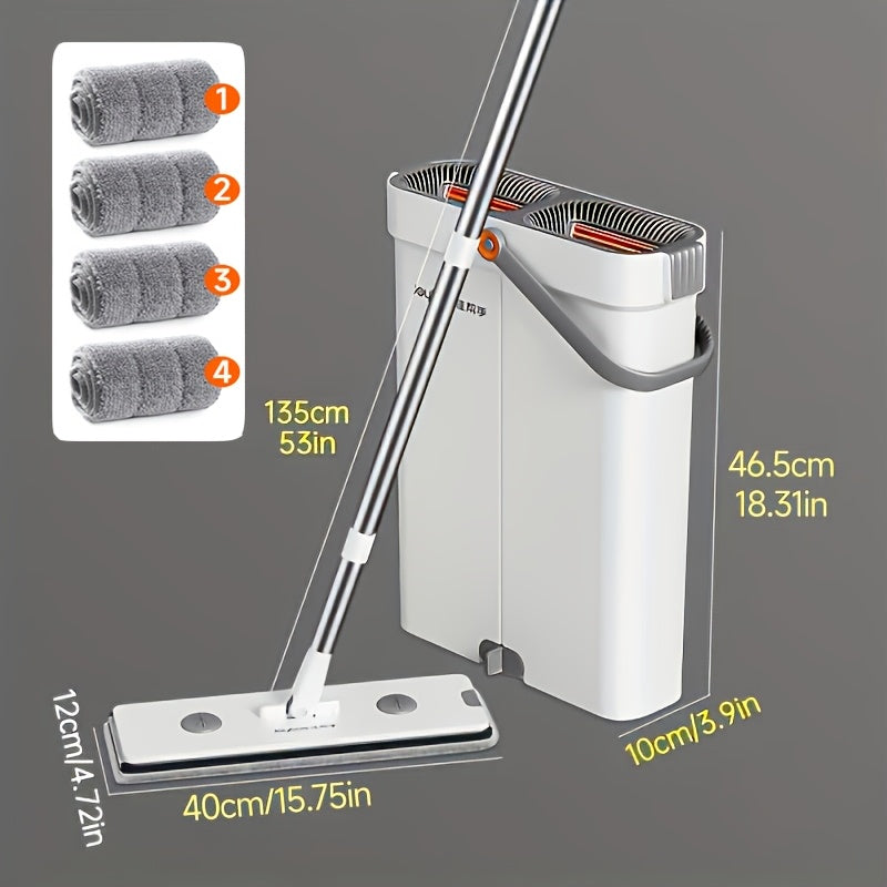 Flat Mop and Bucket Set with Metal Rod 360 Degree Swivel Head Reusable Microfiber Pads Hands-Free Wringing Wet Dry Floor Cleaning System for Hardwood Tile Bathroom Bedroom Living Room
