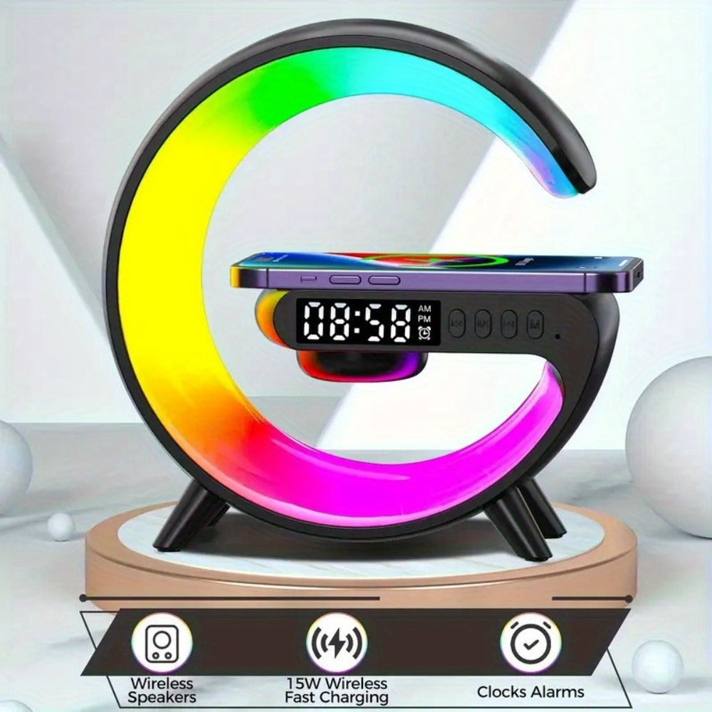 Wireless Charger with RGB Night Light ¨C 4-in-1 Bluetooth Speaker Alarm Clock Wake Up Light, 256 RGB Colors, Qi Fast Charging for iPhone Samsung, Bedside Nightstand Lamp
