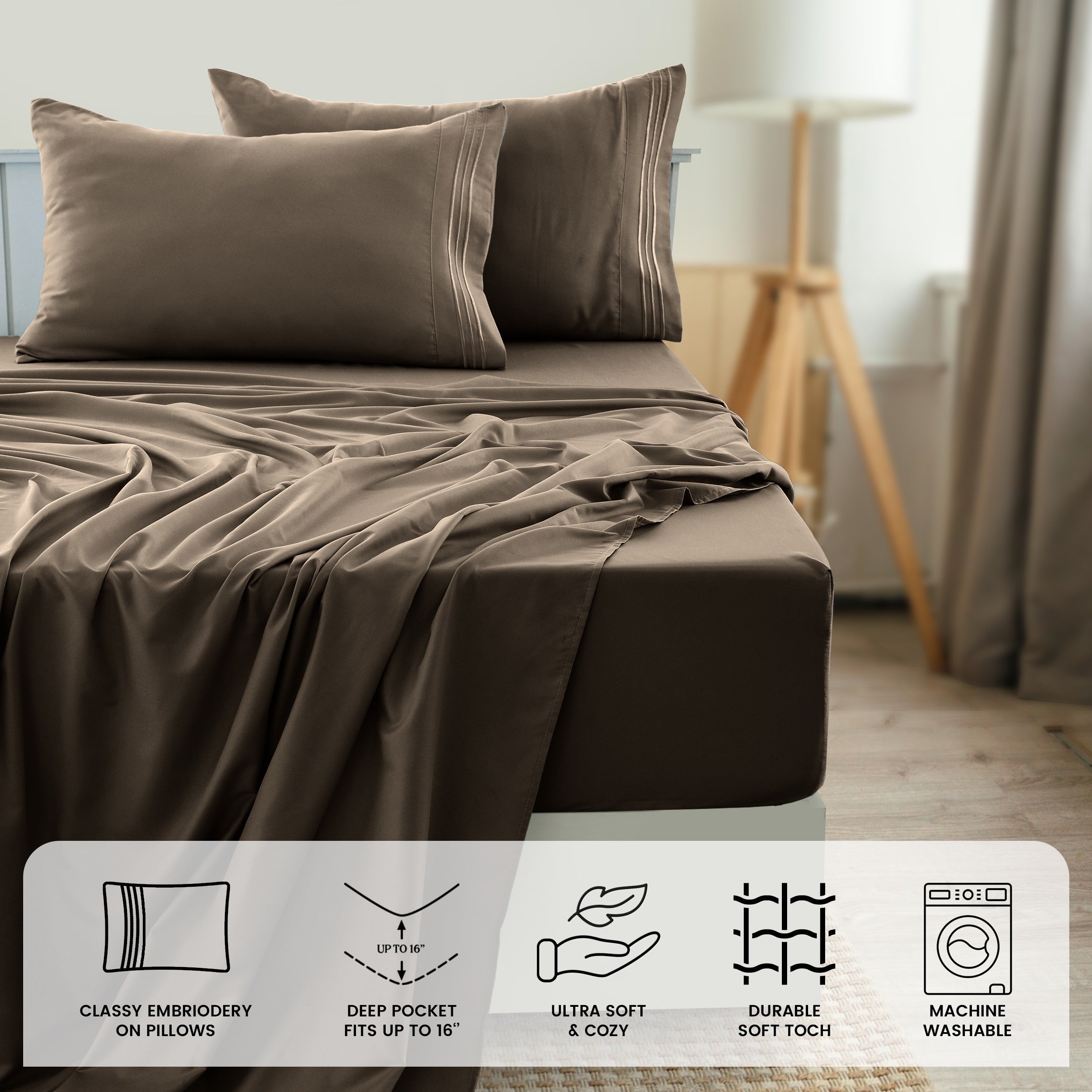 Fitted Sheet Set 6-Piece Brushed Polyester Deep Pocket Bed Sheets 20 Colors Hotel Luxury Soft Bedding with Embroidered Pillowcases
