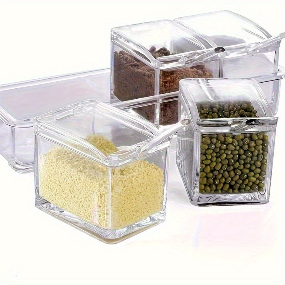Kitchen Seasoning Storage Box Set of 4 - Transparent Multi-Grid Moisture-Proof Spice Organizer with Flip Lid, Airtight Condiment Container for Home Kitchen Apartment