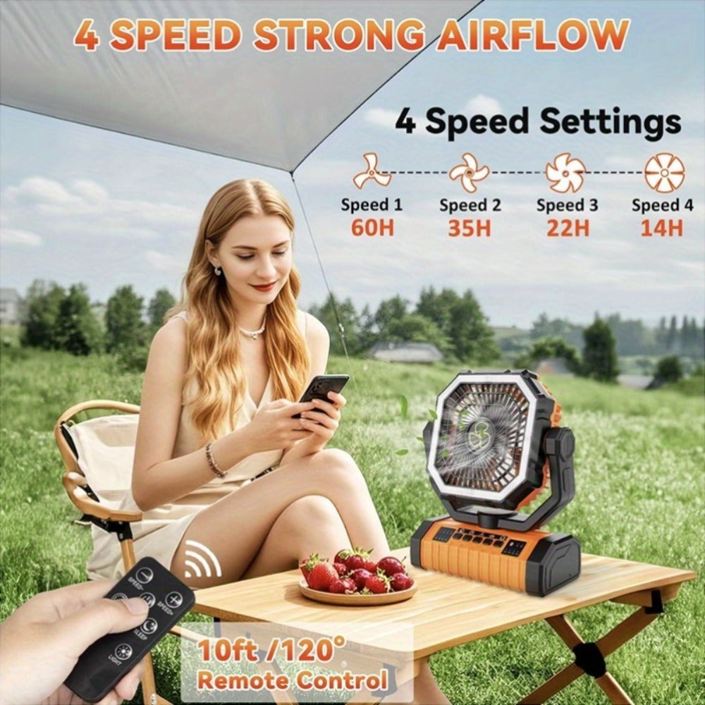 Camping Fan 20000mAh with Built-In LED Light, USB Rechargeable Portable Outdoor Fan with Sturdy Handle, Rugged Compact Design for Tent, Hiking, Fishing, Backpacking and Emergency Power Outage