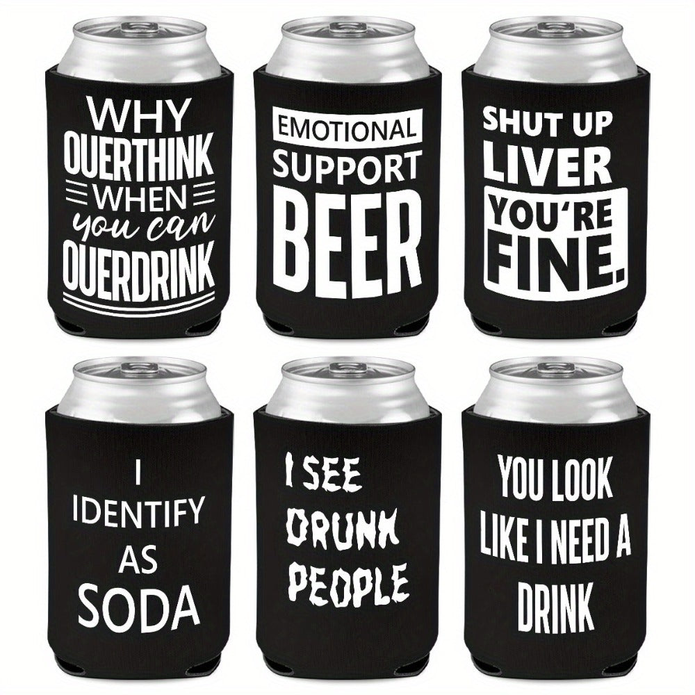 6-Pack Neoprene Beer Can Coolers with Funny Drinking Phrases - Insulated Drink Sleeves for Soda & Lager - Durable Cylindrical Can Huggers for Bachelorette, Oktoberfest & Camping Parties