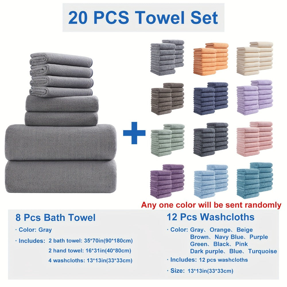 Bath Towel Set 20 Piece 100% Microfiber Absorbent Quick Dry Soft Extra Large Bath Sheets 8 Bath Towels 12 Washcloths Home Bathroom Spa Gift White Beige Gray Blue Green Purple