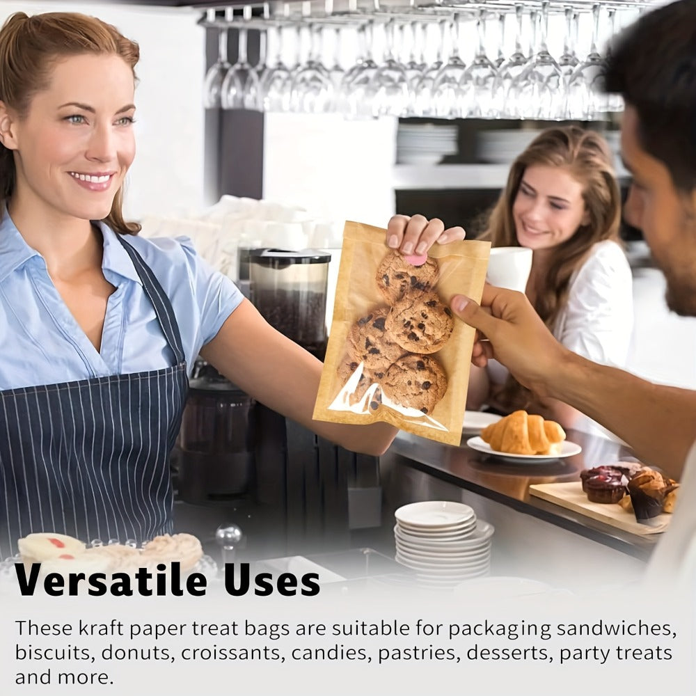 Cookie Bags with Window 300pcs Kraft Paper Treat Bags with Thank You Stickers Grease Resistant Clear Front Bakery Bags for Cookies Donuts Pastry Snack Packaging