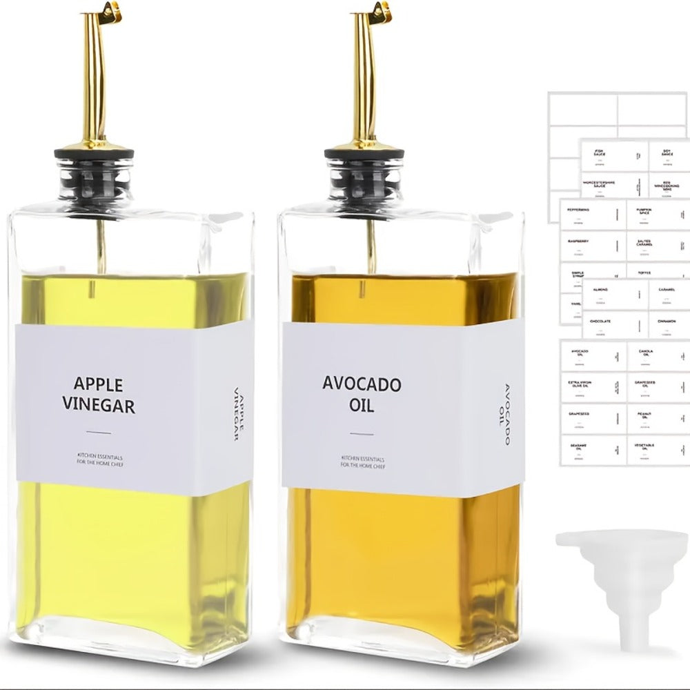 Glass Oil Dispenser Bottle 350ml - Olive Oil Vinegar Soy Sauce Coffee Syrup Dispenser for Kitchen, Rectangular Stable Design, Set of 2 or 4, Gold Silver Black White
