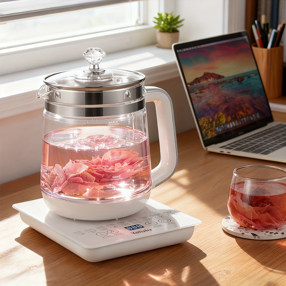 Electric Health Pot Smart Kettle 1.8L Thickened Glass 18 Smart Functions Removable Filter Multi-Functional for Tea Herbal Brewing Camping Home US Plug White