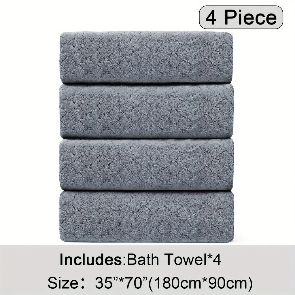 Oversized Bath Towel Set 4 Piece Diamond Pattern Microfiber - Ultra Soft Highly Absorbent Quick Dry | 10 Colors | Blue Green Black Gray Navy Orchid Brown Purple White Turquoise | Bathroom Hotel Gym Gift