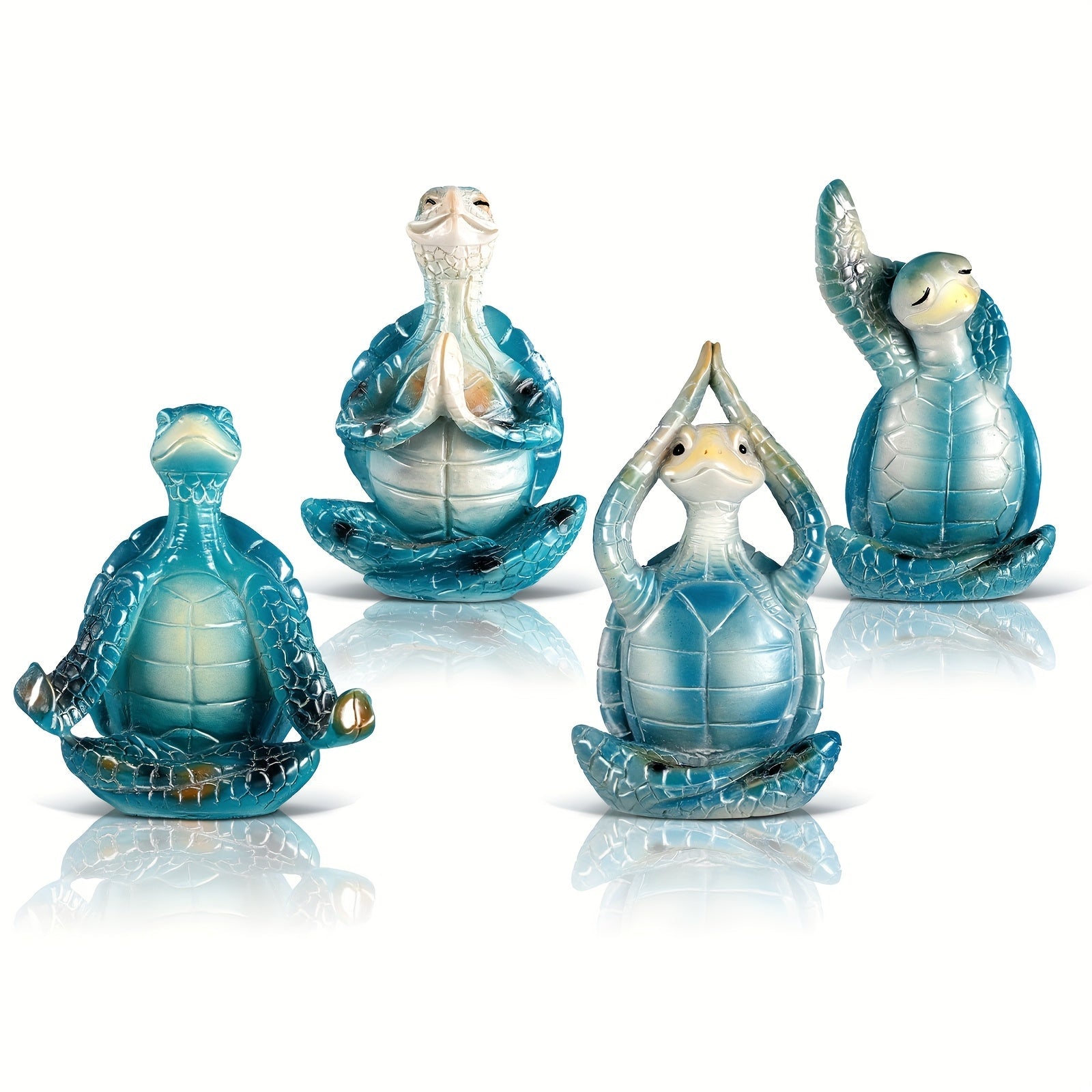 Zen Sea Turtle Statue 4-Pack | Meditating Yoga Turtle Figurines, Coastal Beach Home Decor, Bathroom Garden Ocean Theme, Indoor Outdoor Decorative Sculpture Set