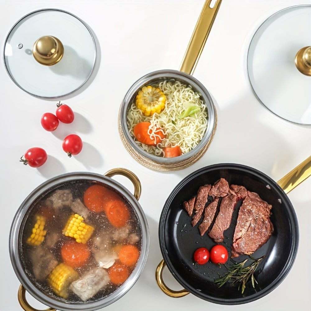 Stainless Steel Cookware Set 10 12 15 Piece Pots with Lids Double Handles Cooking Pot Set for Soup Hot Pot Noodles Pasta Home and Restaurant Kitchen Multiple Colors and Sizes Available