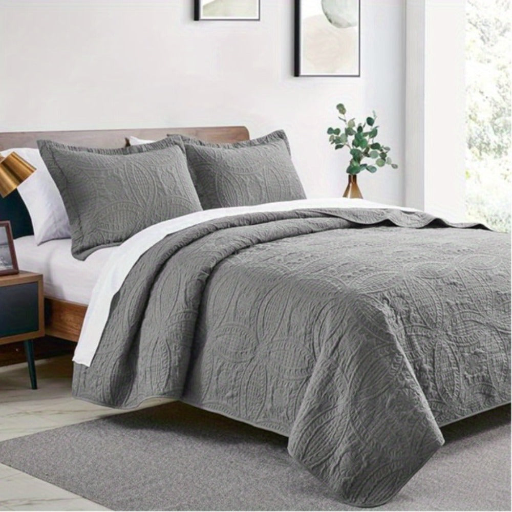 Quilt Set 3 Piece Lightweight Microfiber Bedspread with Pillow Shams - Coin Pattern Coverlet All Season Soft Bed Quilt Full Queen King Orange White Grey Green Khaki