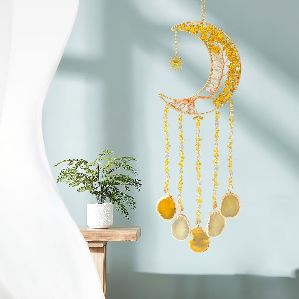 Moon Agate Tree Hanging Ornament Handmade Boho Suncatcher Wall Decor - Crystal Window Sun Catcher Gift for Mom Friends Women Birthday Christmas Holiday Home Decoration
