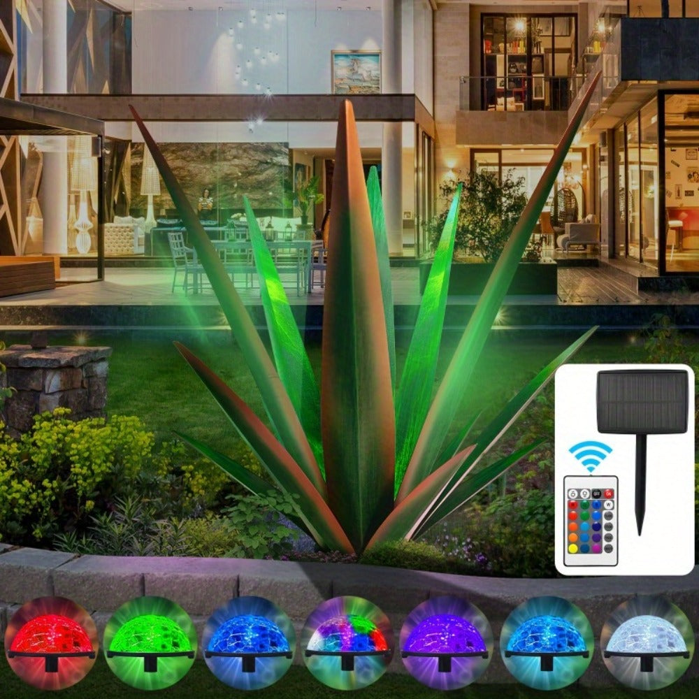 Solar Powered Agave Metal Sculpture Garden Statue - Hand-Painted Rustic Agave Figurine with LED Light & Remote Control, Indoor Outdoor Lawn Yard Courtyard Decor, Holiday Garden Art Gift
