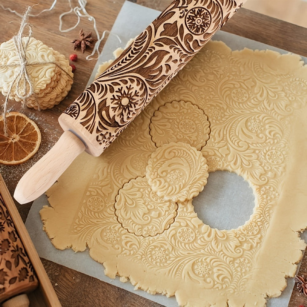 Embossed Wooden Rolling Pin with Engraved Pattern, Decorative Patterned Rolling Pin for Cookie Baking, Christmas Snowflake Flower Design Dough Roller for Fondant Pie Pastry, Baking Gift Kitchen Tool