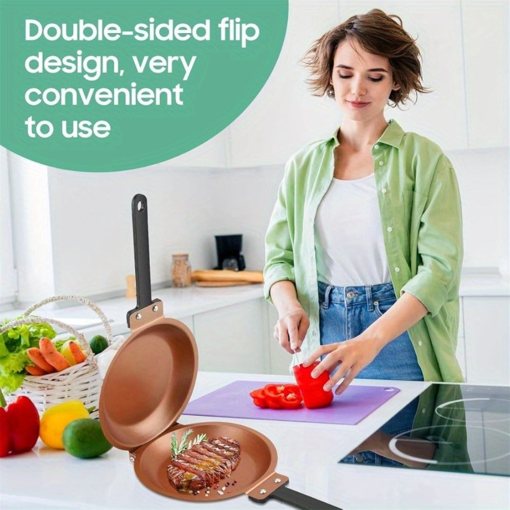 Pancake Pan Double Sided Non-Stick Reversible Folding Breakfast Frying Pan Pancake Maker for Fluffy Pancakes Omelette Frittata Dishwasher Safe Plastic Handle Pink Gold Green